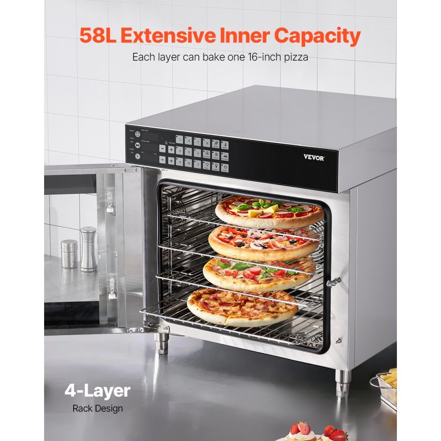 VEVOR Commercial Convection Oven, 58L Conventional Oven Countertop, 2800W 4-Tier Toaster Oven with Tempered Glass Door, Wire Racks Clip Tray Gloves, Stainless Steel Electric Baking Oven for Restaurant