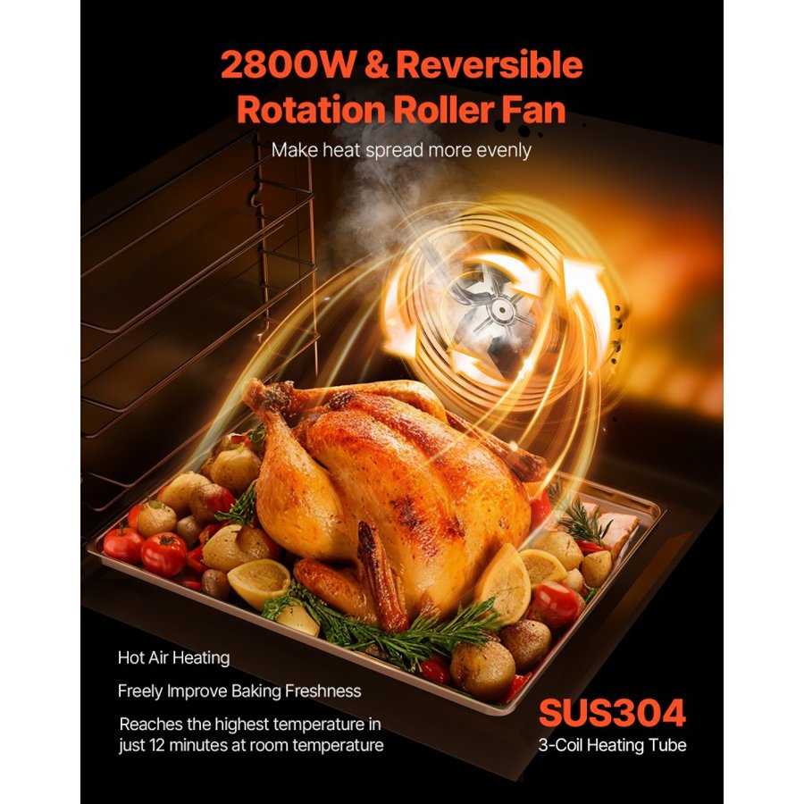 VEVOR Commercial Convection Oven, 58L Conventional Oven Countertop, 2800W 4-Tier Toaster Oven with Tempered Glass Door, Wire Racks Clip Tray Gloves, Stainless Steel Electric Baking Oven for Restaurant