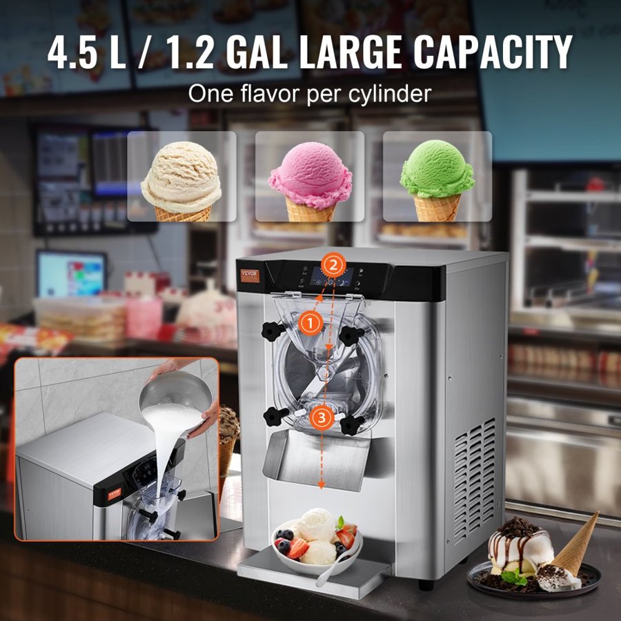 VEVOR Commercial Ice Cream Machine, 12 L/H Yield, 1295W Single Flavor Countertop Hard Serve Ice Cream Maker,  4.5L Stainless Steel Cylinder, LED Panel Auto Clean Pre-cooling, for Restaurant Snack Bars