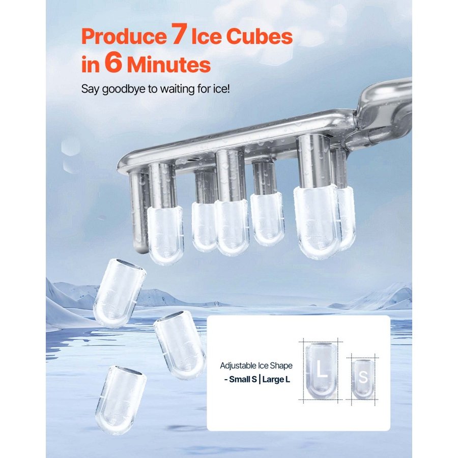 VEVOR Countertop Ice Maker, 7 Cubes Ready in 6 Mins, 11.8 kg per Day, Self-Cleaning Portable Machine with Ice Scoop, Ice-Making Machine with 2 Sizes Bullet Ices for Home, Kitchen, Office, Bar & Party