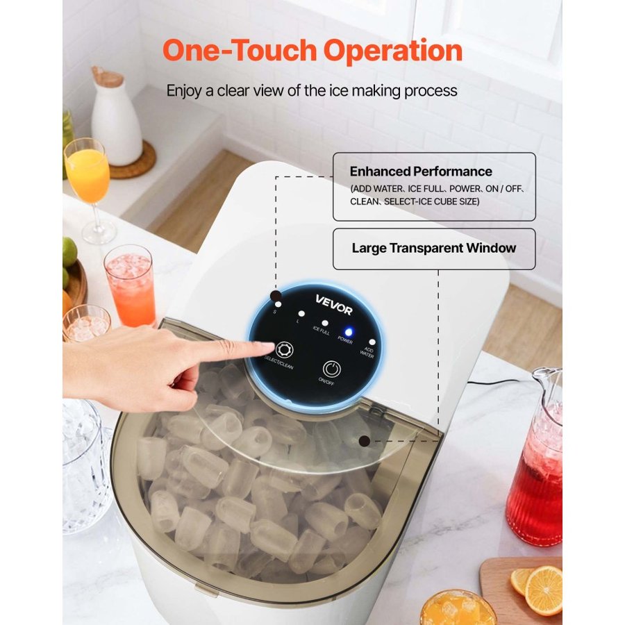 VEVOR Countertop Ice Maker, 7 Cubes Ready in 6 Mins, 11.8 kg per Day, Self-Cleaning Portable Machine with Ice Scoop, Ice-Making Machine with 2 Sizes Bullet Ices for Home, Kitchen, Office, Bar & Party