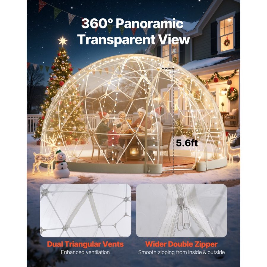 VEVOR Garden Dome Igloo, 3.6 x 2.2 m Outdoor Clear Bubble Tent for 4-7 Person, Weatherproof Geodesic Dome Greenhouse  with Window, PVC Igloo Tent for Backyard Patios Camping Party Wedding