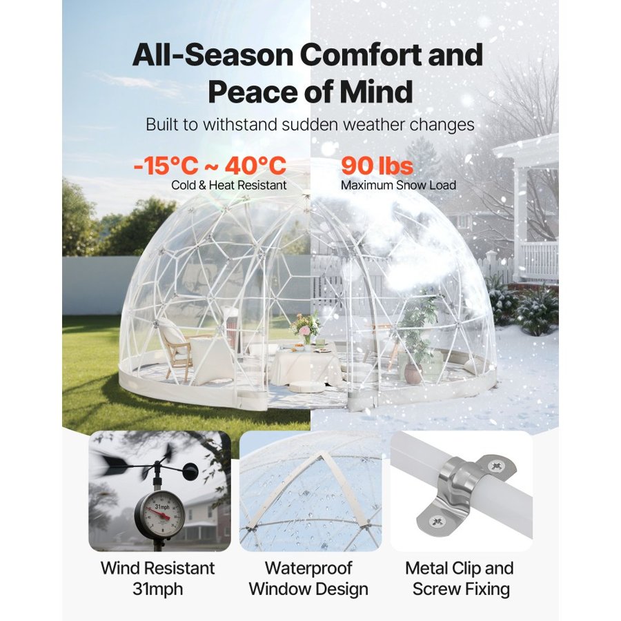 VEVOR Garden Dome Igloo, 3.6 x 2.2 m Outdoor Clear Bubble Tent for 4-7 Person, Weatherproof Geodesic Dome Greenhouse  with Window, PVC Igloo Tent for Backyard Patios Camping Party Wedding