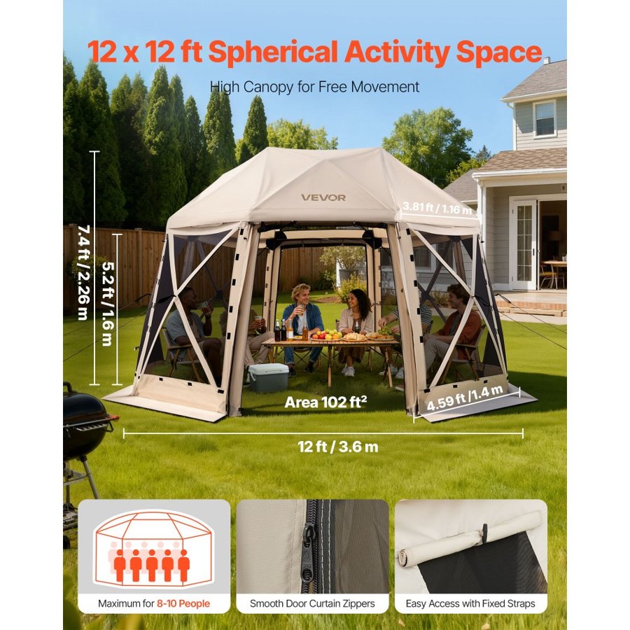 VEVOR Gazebo Screen Tent – 12 x 12 ft, 13-Sided Shelter