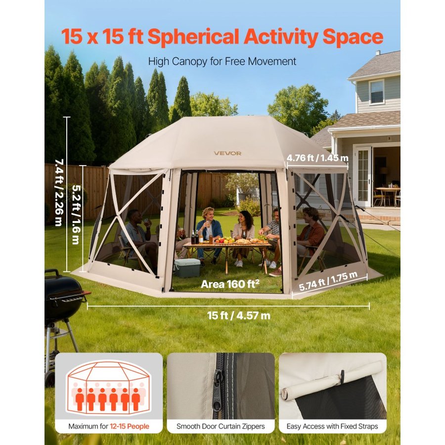 VEVOR Screenhouse Gazebo – 15 x 15 FT, 12-15 Persons