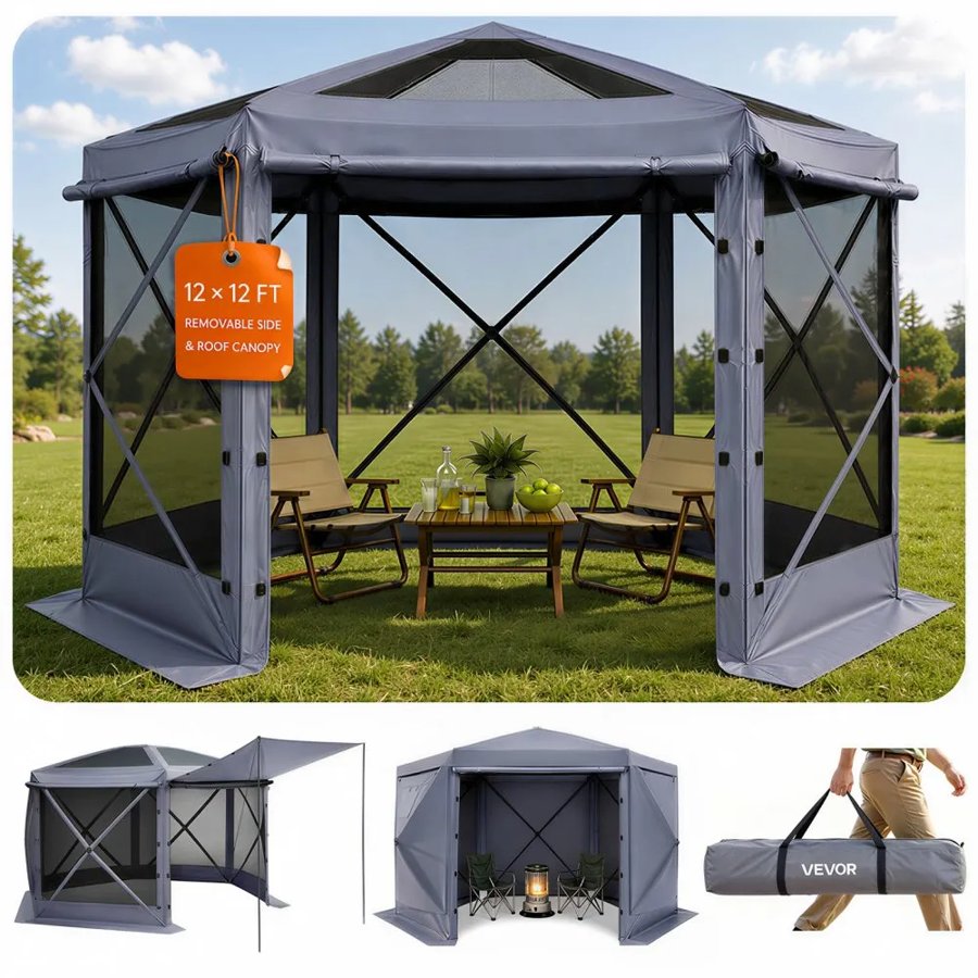 VEVOR Camping Gazebo Screen Tent – 12 x 12 ft, 6-Sided