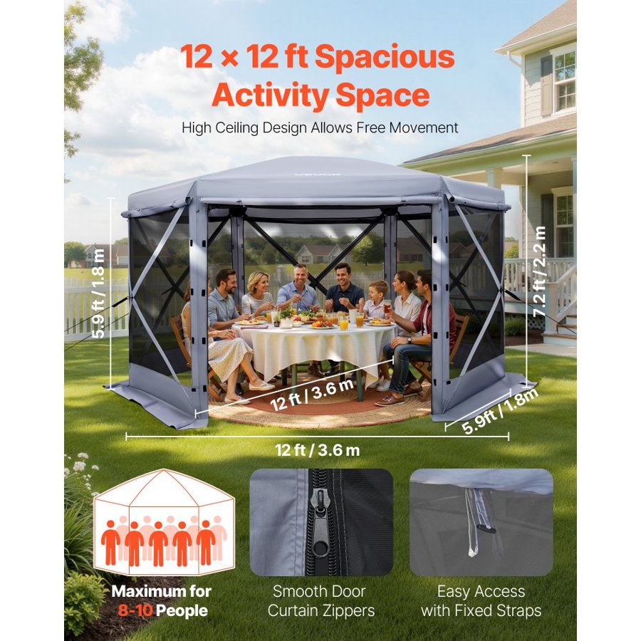 VEVOR Camping Gazebo Screen Tent – 12 x 12 ft, 6-Sided