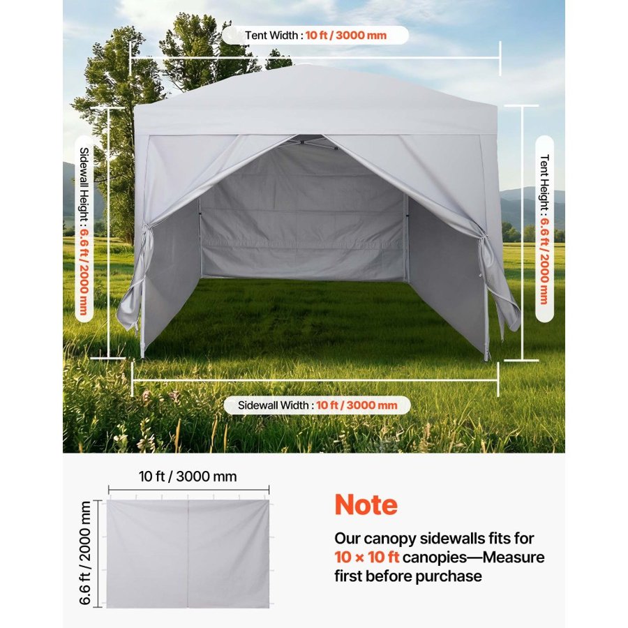 VEVOR Canopy Sidewalls, Fit for 3 x 3 m Pop Up Canopy Tent, Tent Side Walls with Waterproof and Sunlight Protection Layer for Outdoor Event Tents, Vendor Booths, Camping (4 Sidewalls Only, White)