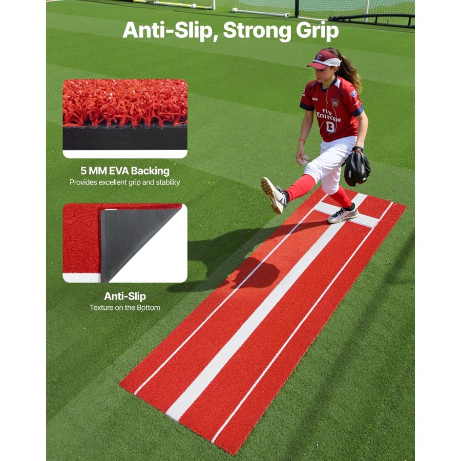 VEVOR Softball Pitching Mat, 305x92cm Baseball Pitching Rubber Mound, Antifade Turf and Antislip Foam Backing Portable Training Aid, Fastpitch Equipment for Pitchers Indoor Outdoor Practice, Red
