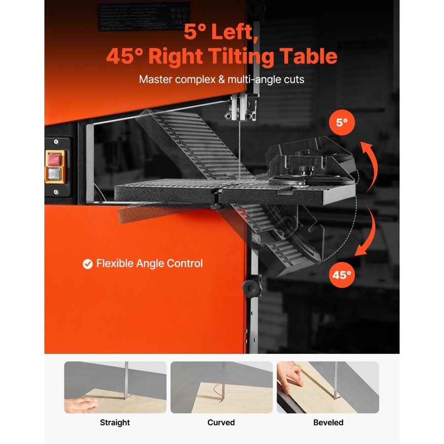 VEVOR Band Saw, 229 mm, Woodworking Benchtop Bandsaw with 373W 1/2 HP Motor, 90 mm Max Cutting Height, 300 x 300 mm Cast Aluminum Table, 0-45° Tilting Range, with Miter Gauge, Fence, for Woodworking
