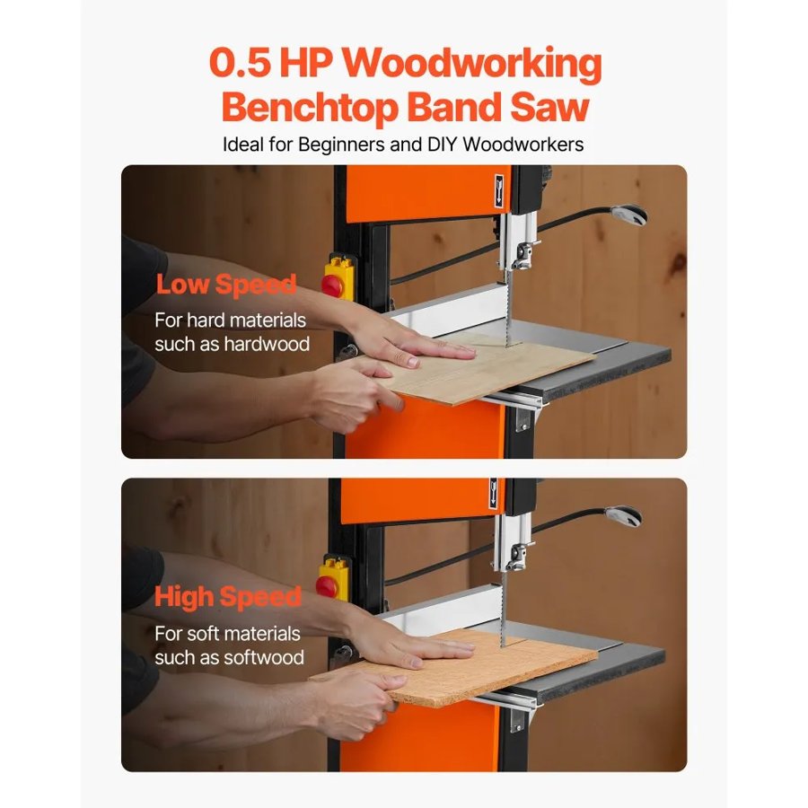 VEVOR Band Saw, 254 mm, Two-Speed Benchtop Bandsaw with 373W 1/2 HP Motor, 160 mm Max Cutting Height, 335 x 340 mm Cast Iron Table, with 360° Work Light, Miter Gauge, Fence, Band Saw for Woodworking