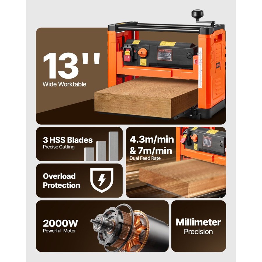 VEVOR Thickness Planer, Two Speed, 330 mm Width Worktable Power Benchtop Planer, Three-Blade, 2000W 23500 RPM Powerful Motor, Dual Rollers, Over Protection, Woodworking for Hard & Soft Wood Material