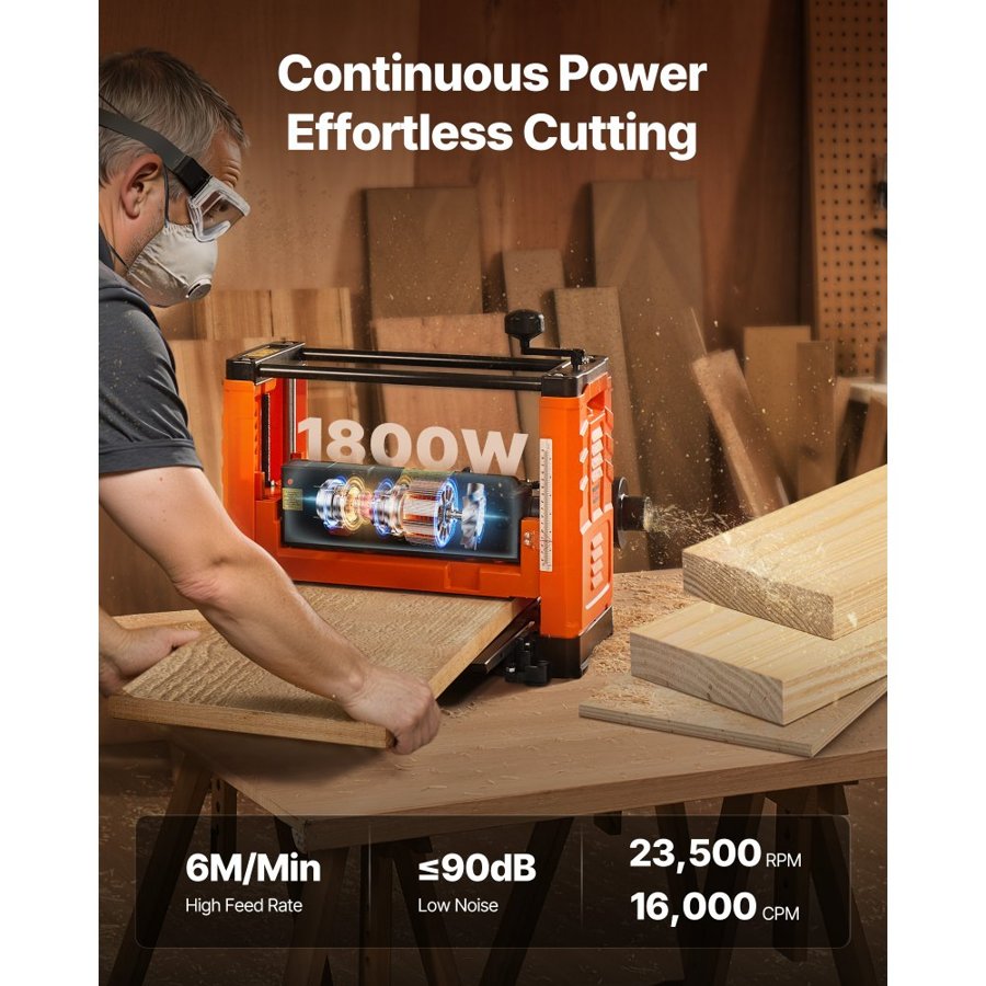 VEVOR Thickness Planer, Two-Blade, 330 mm Width Worktable Power Benchtop Planer, 1800W 23500 RPM Powerful Motor, Dual Rollers, Over Protection, Single Speed Woodworking, for Hard & Soft Wood Material
