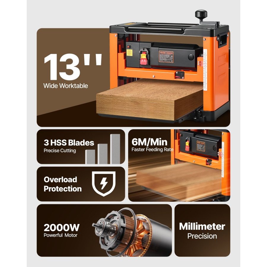 VEVOR Thickness Planer, Three-Blade, 330 mm Width Worktable Power Benchtop Planer, 2000W 23500 RPM Powerful Motor, Dual Rollers, Over Protection, Single Speed Woodworking, for Hard Soft Wood Material
