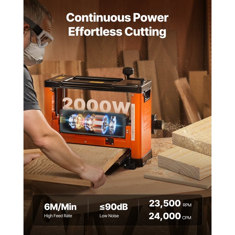 VEVOR Thickness Planer, Three-Blade, 330 mm Width Worktable Power Benchtop Planer, 2000W 23500 RPM Powerful Motor, Dual Rollers, Over Protection, Single Speed Woodworking, for Hard Soft Wood Material
