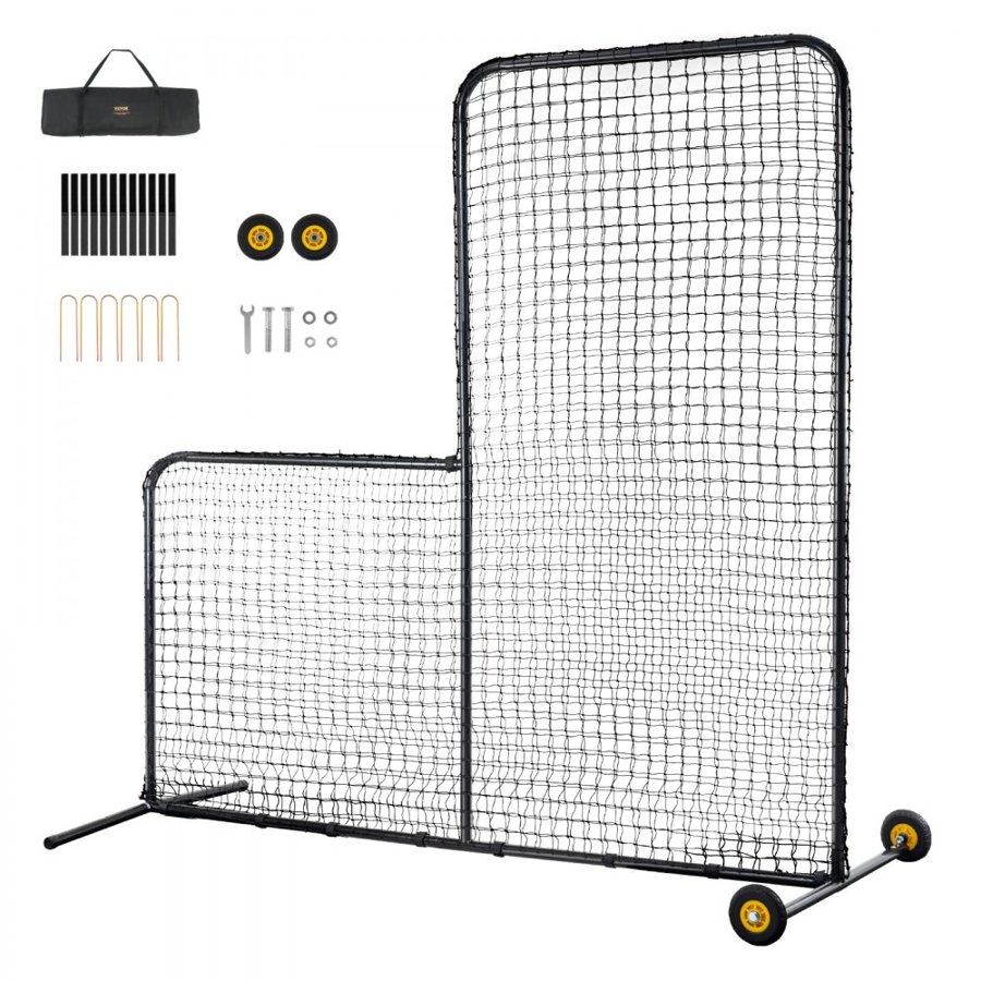 VEVOR L Screen Baseball for Batting Cage, 7x7 ft Softball Safety Screen, Body Protector Portable Batting Screen with Carry Bag, Wheels, Ground Stakes, Heavy Duty Pitching Net for Pitchers Protection