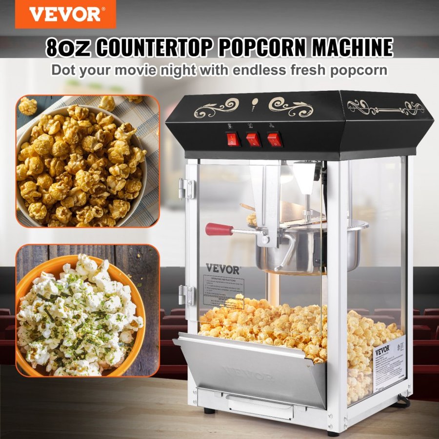 VEVOR 8 oz Popcorn Machine – 850W, 48 Cups, Countertop Black