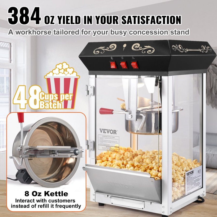 VEVOR 8 oz Popcorn Machine – 850W, 48 Cups, Countertop Black