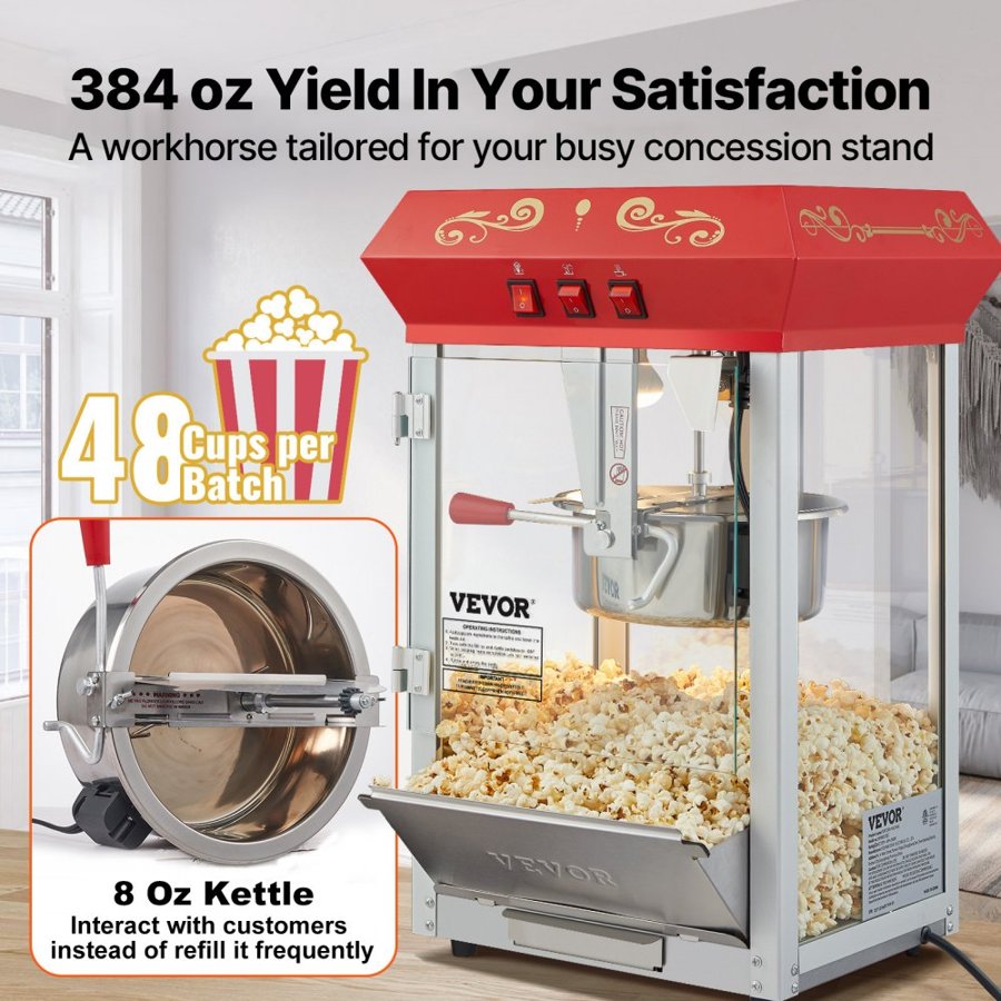 VEVOR 8 oz Popcorn Maker – 850W, 48 Cups, Red