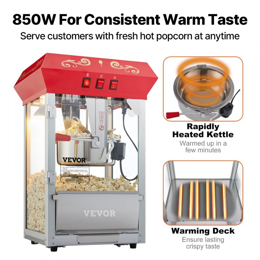 VEVOR 8 oz Popcorn Maker – 850W, 48 Cups, Red