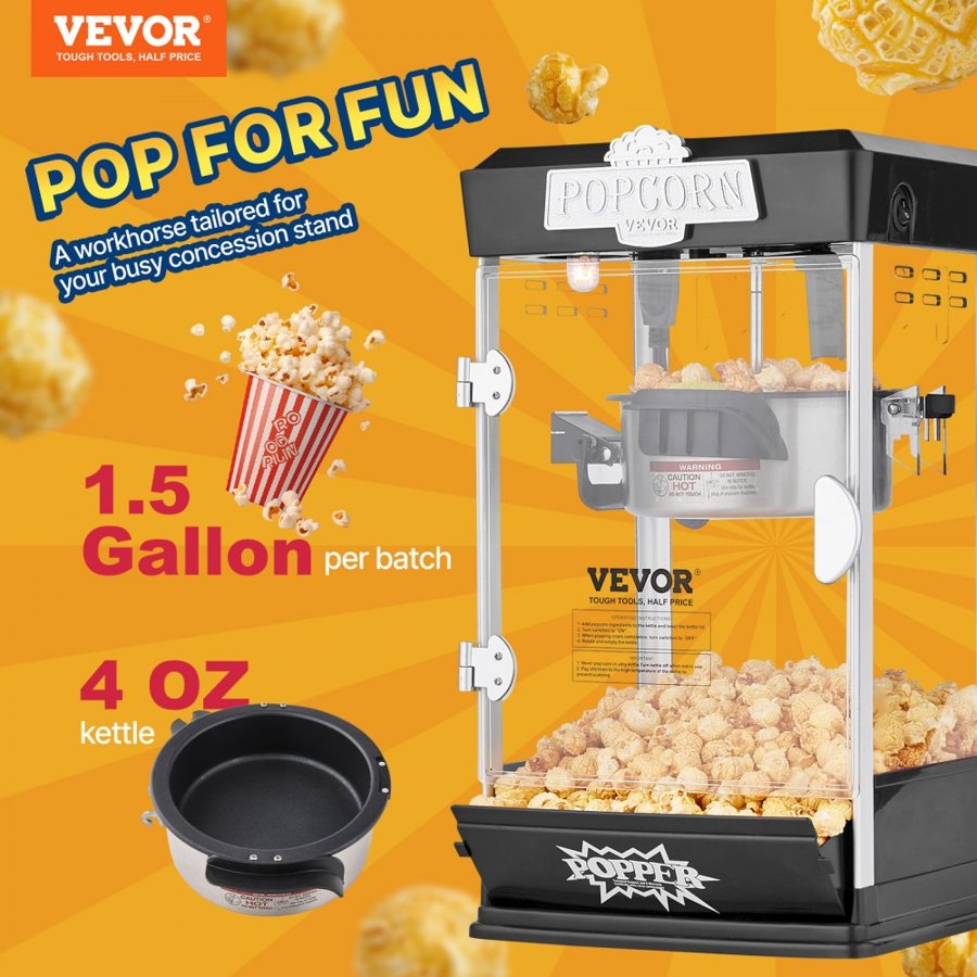 VEVOR 4 oz Popcorn Maker – 480W, 1.5 Gal per Batch, Black