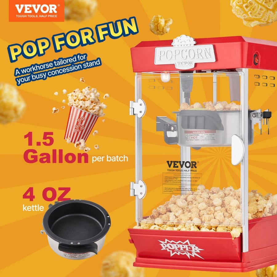 VEVOR 4 oz Popcorn Machine – 480W, 1.5 Gal, Red