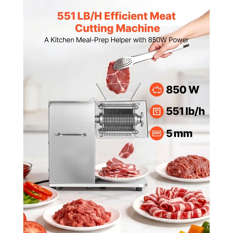 VEVOR Meat Cutting Machine, 850W Commercial Slicer, 5mm Heavy Duty Stainless Steel Blade Shredder for Boneless Meat Soft Vegetables, Electric Food Slicers for Kitchen Restaurant Supermarket