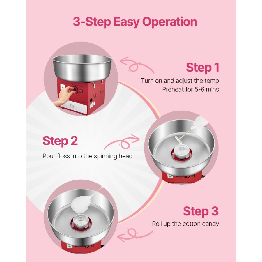 VEVOR Electric Cotton Candy Machine, 1000W Commercial Candy Floss Maker with 52cm in Stainless Steel Bowl, Sugar Scoop, and Drawer, Easy Home Use, Perfect for Kids Birthday, Family Party, Red
