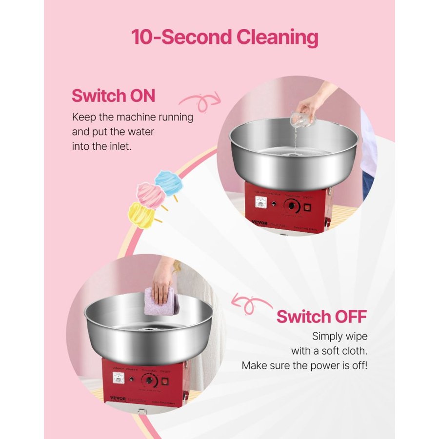 VEVOR Electric Cotton Candy Machine, 1000W Commercial Candy Floss Maker with 52cm in Stainless Steel Bowl, Sugar Scoop, and Drawer, Easy Home Use, Perfect for Kids Birthday, Family Party, Red