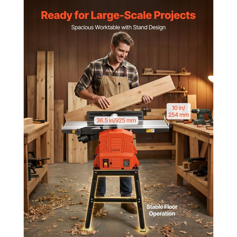 VEVOR Benchtop Planer and Jointer Combo, 254 mm, 2.4 HP 8000 RPM Bench Top Wood Jointer with Stand, 2-Blade Straight Cutterhead, Cast Aluminum Table, 0-3 mm Adjustable Depth, for Woodworking DIY