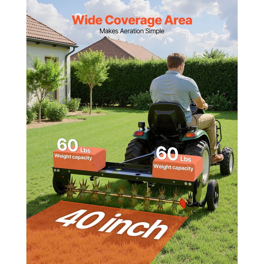 VEVOR Tow Behind Plug Aerator, 40 in Lawn Spike Aerator with Universal Hitch, 150lbs Weight Capacity, Heavy Duty  & Rust-Resistant, Pull Behind Aeration Tool with Tray for Farmland & Garden Tractors