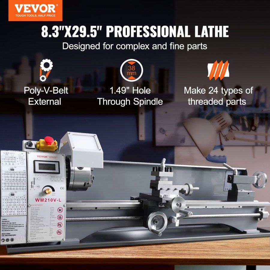 VEVOR Metal Lathe Machine, 21.1 cm x 75 cm, Precision Benchtop Power Metal Lathe, 0-2500 RPM Continuously Variable Speed, 750W Brushless Motor Metal Gears, with Tool Box for Processing Precision Parts