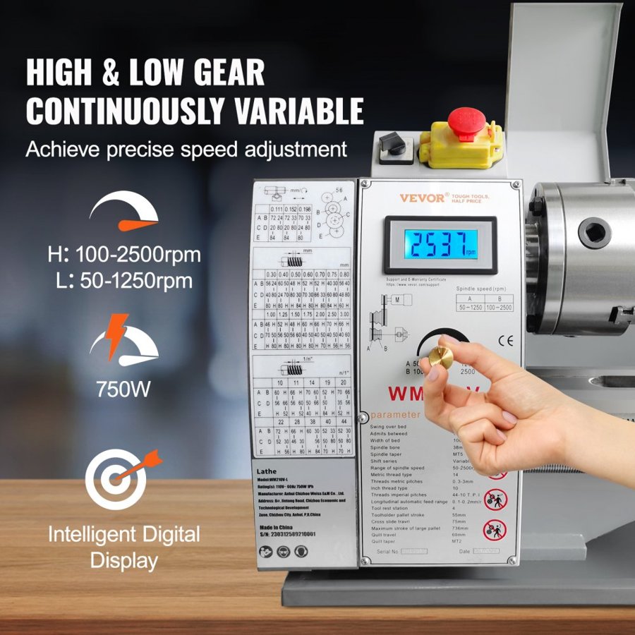 VEVOR Metal Lathe Machine, 21.1 cm x 75 cm, Precision Benchtop Power Metal Lathe, 0-2500 RPM Continuously Variable Speed, 750W Brushless Motor Metal Gears, with Tool Box for Processing Precision Parts