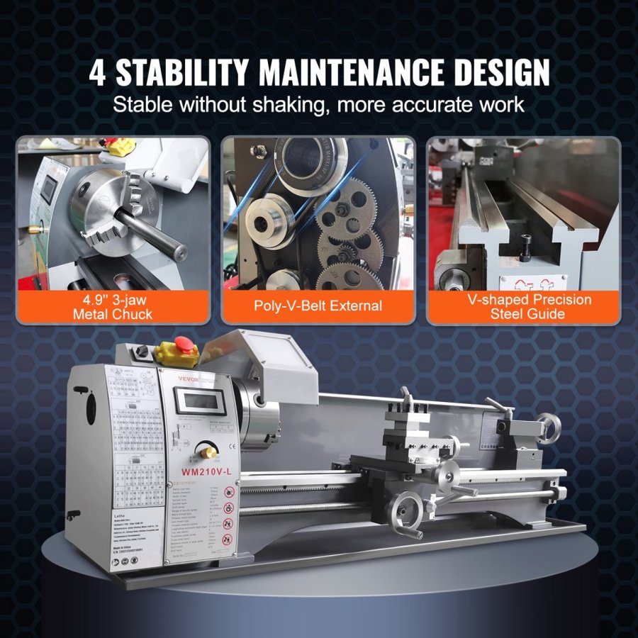 VEVOR Metal Lathe Machine, 21.1 cm x 75 cm, Precision Benchtop Power Metal Lathe, 0-2500 RPM Continuously Variable Speed, 750W Brushless Motor Metal Gears, with Tool Box for Processing Precision Parts