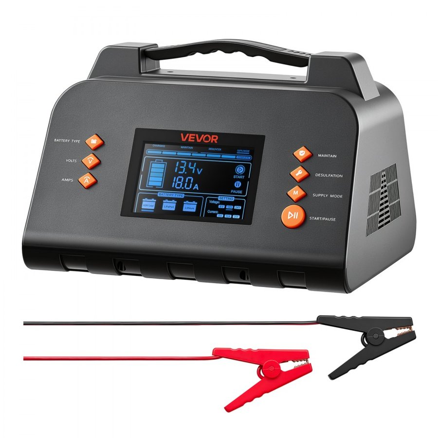VEVOR Smart Battery Charger 20A 6V 12V 24V for Lithium LiFePO4 Lead-Acid, Compatible with Car Lawn Mower ATV Compact RV, Trickle Charging Maintainer Desulfator, Charger with 3.8 Inch LCD Display
