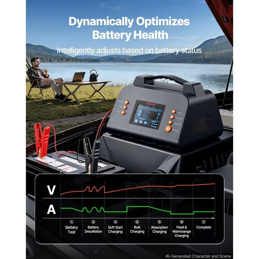 VEVOR Smart Battery Charger 20A 6V 12V 24V for Lithium LiFePO4 Lead-Acid, Compatible with Car Lawn Mower ATV Compact RV, Trickle Charging Maintainer Desulfator, Charger with 3.8 Inch LCD Display