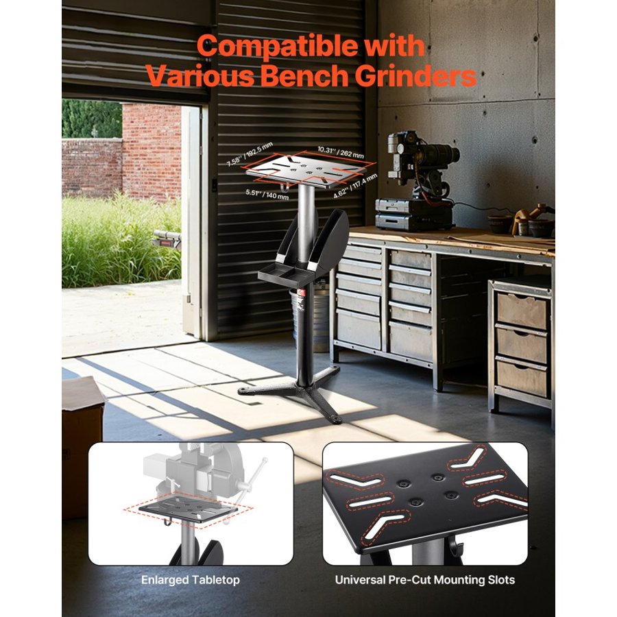 VEVOR Bench Grinder Stand, Bench Grinder Vise Floor Pedestal with 31.5 x 25.4 cm Mounting Plate, Height-Adjustable Pedestal Stand with Grinding Wheel Storage Compartment & Heavy-Duty Cast Iron Base