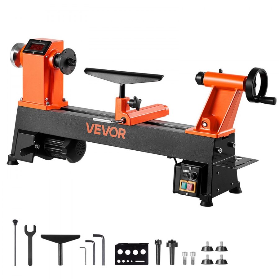 VEVOR Woodworking Lathe, 750W / 1 HP, Benchtop Wood Lathe Machine with 150 to 3800 RPM Variable Speed, 304 x 465 mm Workbench, Brushless DC Motor, Cast Iron Construction, for Beginners DIY Enthusiasts Woodworking