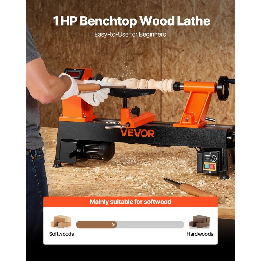 VEVOR Woodworking Lathe, 750W / 1 HP, Benchtop Wood Lathe Machine with 150 to 3800 RPM Variable Speed, 304 x 465 mm Workbench, Brushless DC Motor, Cast Iron Construction, for Beginners DIY Enthusiasts Woodworking