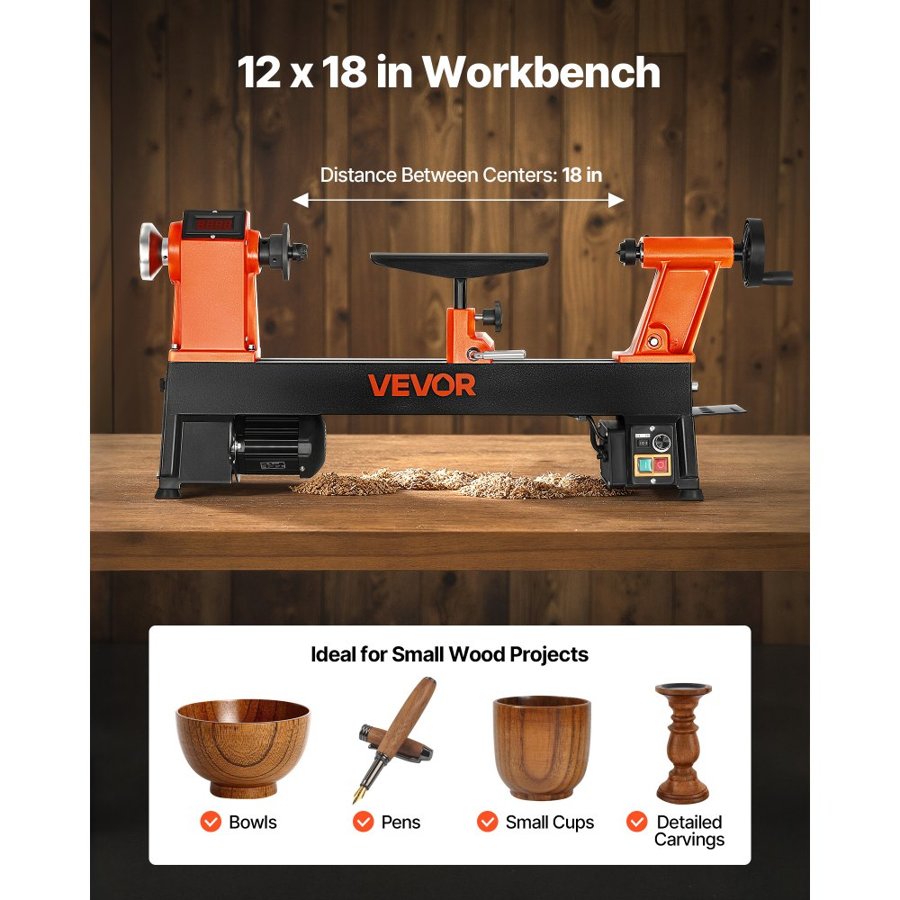VEVOR Woodworking Lathe, 750W / 1 HP, Benchtop Wood Lathe Machine with 150 to 3800 RPM Variable Speed, 304 x 465 mm Workbench, Brushless DC Motor, Cast Iron Construction, for Beginners DIY Enthusiasts Woodworking