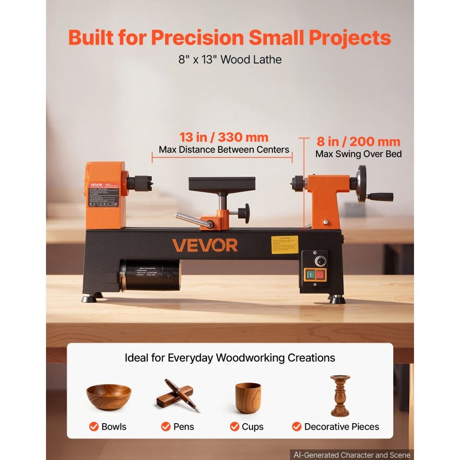 VEVOR Wood Lathe 1/3 HP 200x330 mm Mini Benchtop Wood Lathe Variable Speed, 150 to 3200 RPM, Woodworking Machine with Tool Rest, Wrenches, Feet, for Beginners DIY Enthusiasts Woodworking, Woodturning