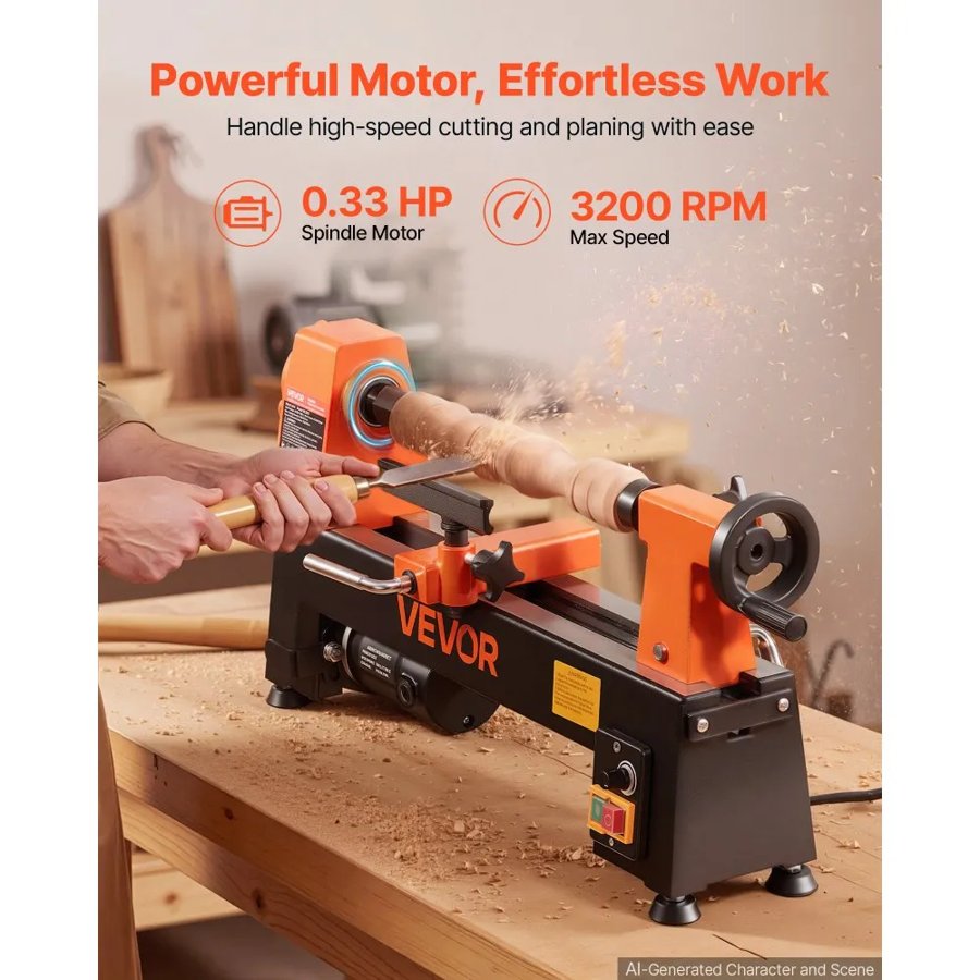 VEVOR Wood Lathe 1/3 HP 200x330 mm Mini Benchtop Wood Lathe Variable Speed, 150 to 3200 RPM, Woodworking Machine with Tool Rest, Wrenches, Feet, for Beginners DIY Enthusiasts Woodworking, Woodturning