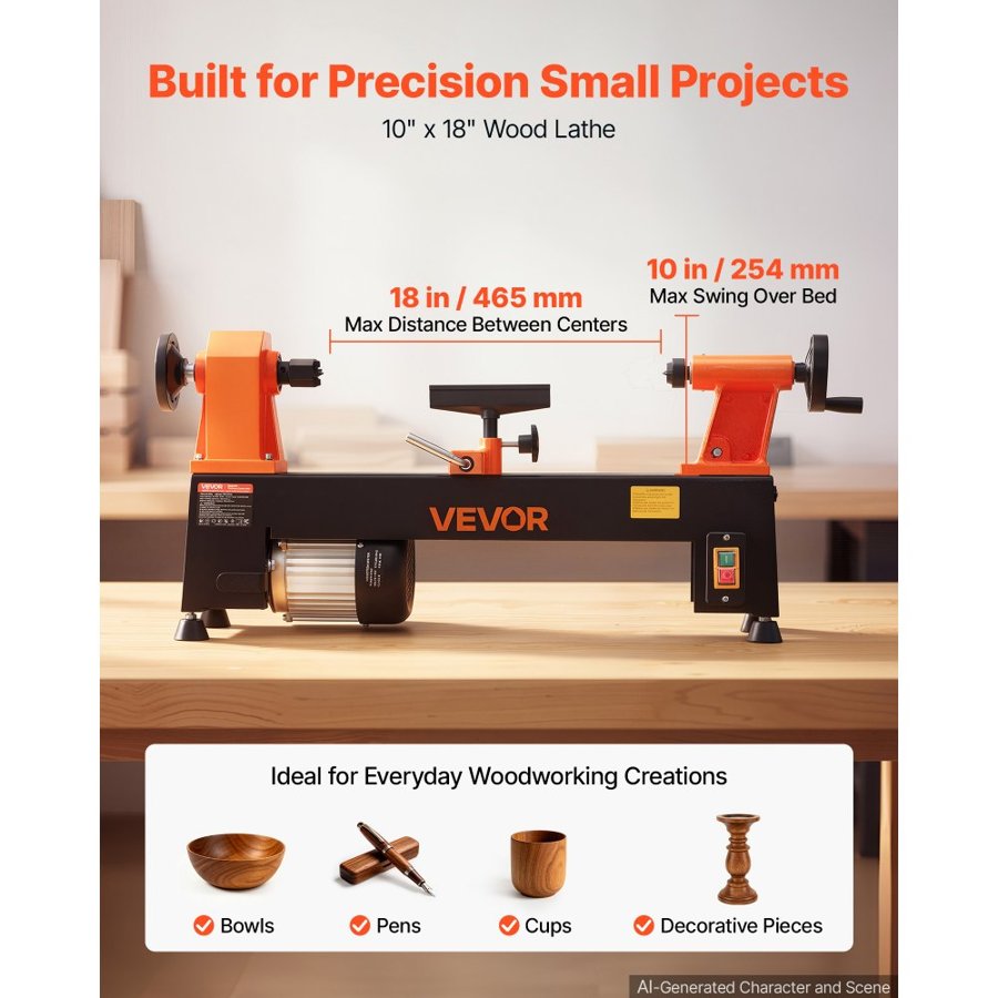 VEVOR Wood Lathe 1/2 HP 254 mm x 465 mm Benchtop Wood Lathe Machine 5 Speeds, 650/1100/1600/2200/3200 RPM, with Tool Rest & Wrenches, Heavy Duty, for Beginners DIY Enthusiasts Woodworking, Woodturning