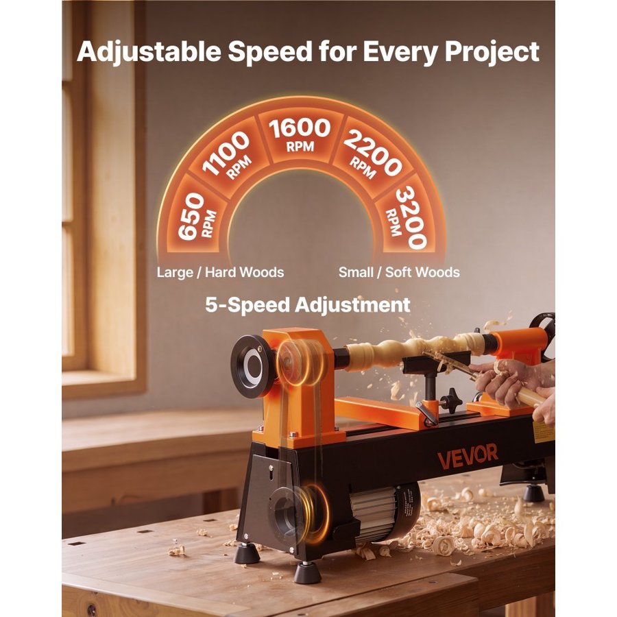 VEVOR Wood Lathe 1/2 HP 254 mm x 465 mm Benchtop Wood Lathe Machine 5 Speeds, 650/1100/1600/2200/3200 RPM, with Tool Rest & Wrenches, Heavy Duty, for Beginners DIY Enthusiasts Woodworking, Woodturning