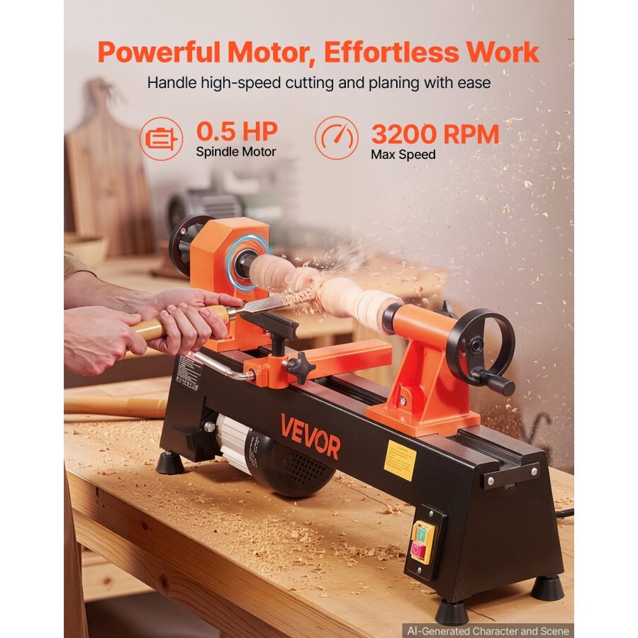 VEVOR Wood Lathe 1/2 HP 254 mm x 465 mm Benchtop Wood Lathe Machine 5 Speeds, 650/1100/1600/2200/3200 RPM, with Tool Rest & Wrenches, Heavy Duty, for Beginners DIY Enthusiasts Woodworking, Woodturning