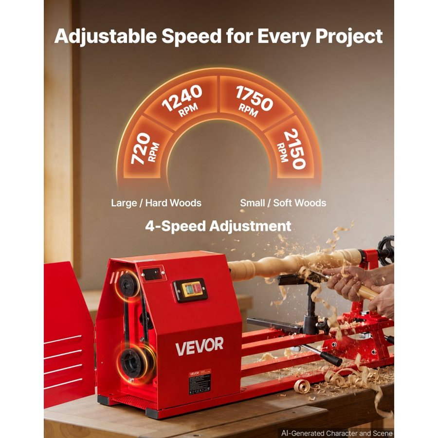 VEVOR Wood Lathe 1/2 HP 355 x 1016 mm Benchtop Wood Lathe Machine 4 Speeds, 720/1240/1750/2150 RPM, with Tool Rest, Wrenches, Faceplate, Heavy Duty, for Beginner Professional Woodworking, Woodturning