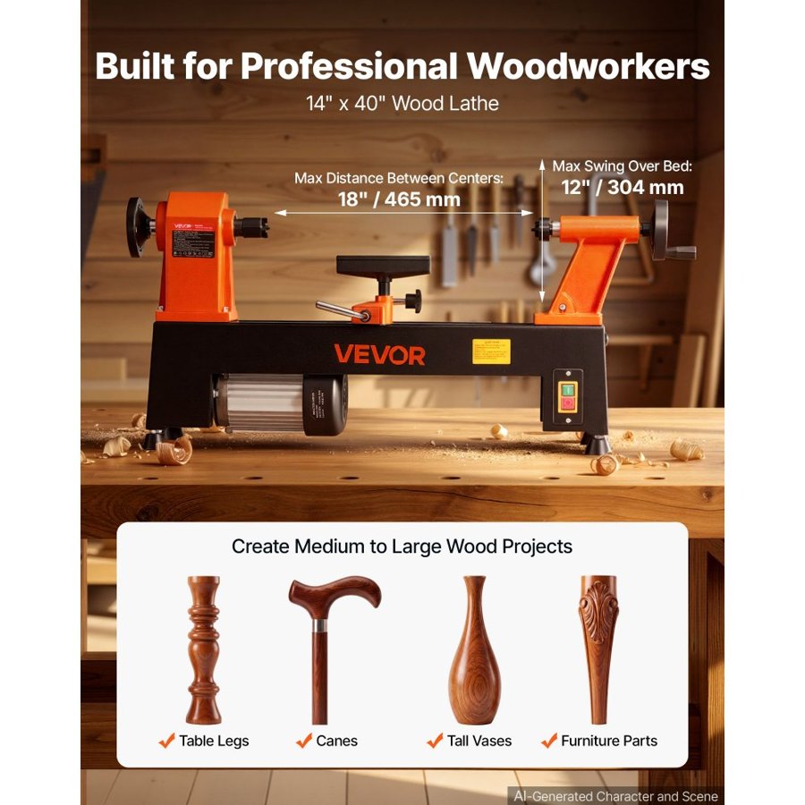 VEVOR Wood Lathe 3/4 HP 304 x 465 mm Benchtop Wood Lathe Machine 5 Speeds, 650/1100/1600/2200/3200 RPM, with Tool Rest, Wrench, Faceplate, Heavy Duty, for Beginner Professional Woodworking Woodturning