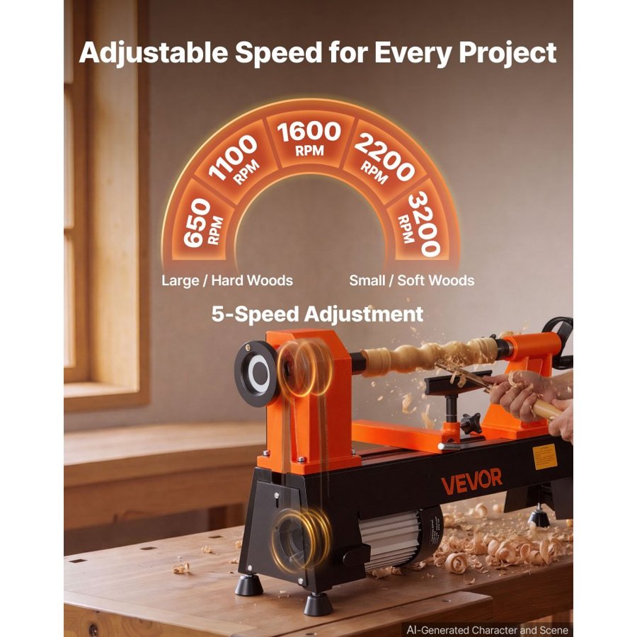VEVOR Wood Lathe 3/4 HP 304 x 465 mm Benchtop Wood Lathe Machine 5 Speeds, 650/1100/1600/2200/3200 RPM, with Tool Rest, Wrench, Faceplate, Heavy Duty, for Beginner Professional Woodworking Woodturning