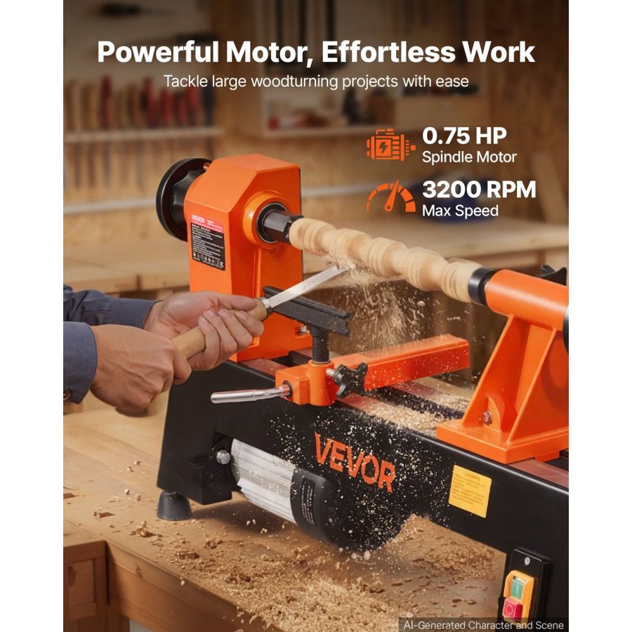 VEVOR Wood Lathe 3/4 HP 304 x 465 mm Benchtop Wood Lathe Machine 5 Speeds, 650/1100/1600/2200/3200 RPM, with Tool Rest, Wrench, Faceplate, Heavy Duty, for Beginner Professional Woodworking Woodturning