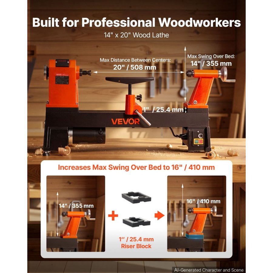 VEVOR Wood Lathe 1 HP 355 x 508 mm Benchtop Wood Lathe Machine Variable Speed, 150 to 3500 RPM with Display, Up to 410 mm Swing Over Bed with Riser Block, for Professional Woodworking Woodturning